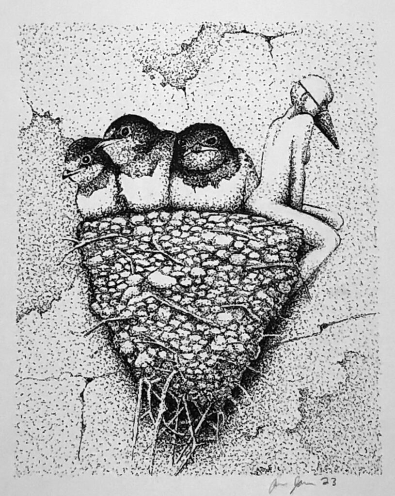 Artwork by Alicia Jones. Pen and ink stippled drawing.